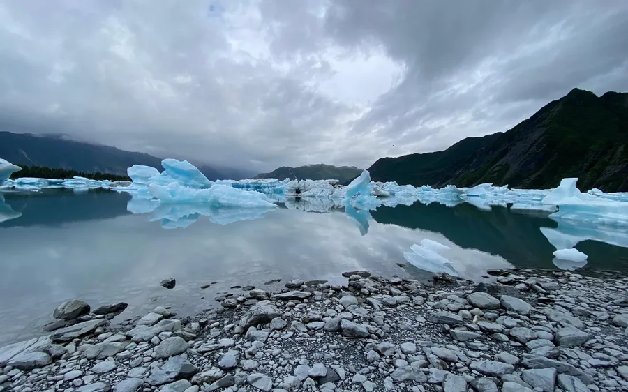 Icebergs on Bear Glacier lagoon seen from a light aircraft, Alaska
